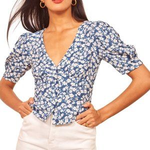 Reformation Madeline Poire Blue Floral Peplum Top Size 4